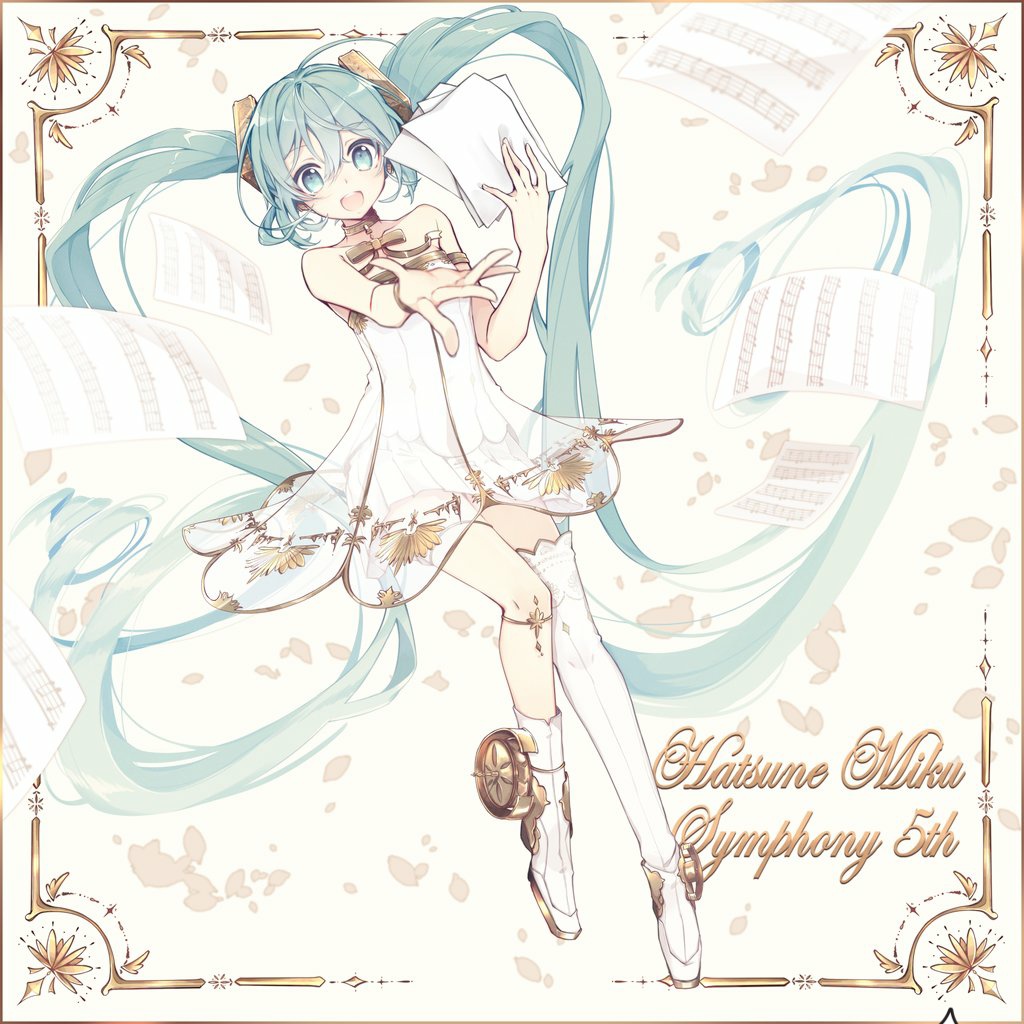 1girl anniversary aqua_eyes aqua_hair asymmetrical_legwear ballerina ballet_slippers bare_shoulders character_name chuuko_anpu commentary copyright_name dress full_body gold_trim hair_ornament hatsune_miku holding holding_paper long_hair looking_at_viewer miku_symphony_(vocaloid) open_mouth outstretched_arm paper petals reaching_out see-through_dress sheet_music single_thighhigh smile solo thigh-highs twintails very_long_hair vocaloid white_dress white_legwear