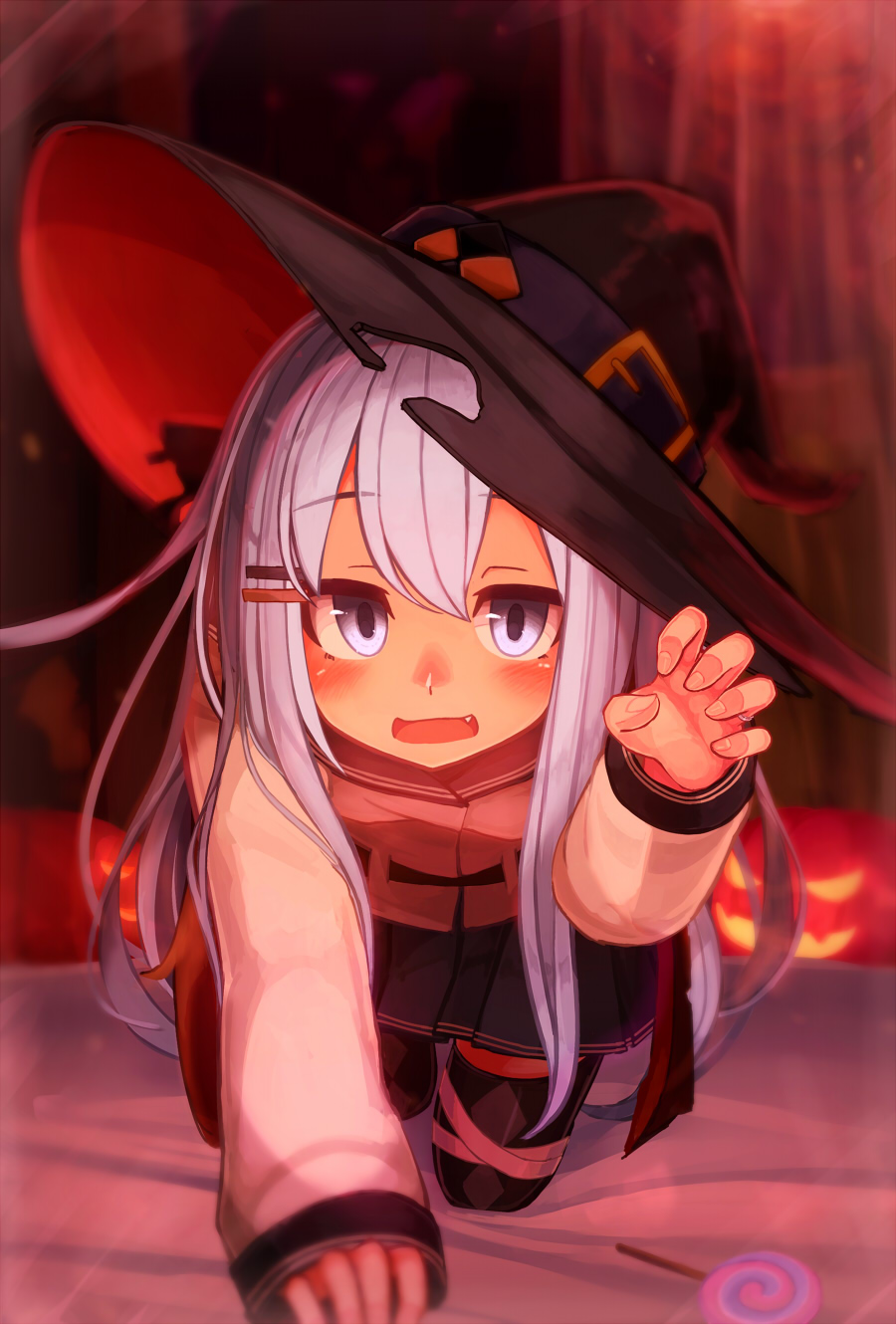 1girl all_fours bandaged_leg bandages bangs black_headwear black_legwear blue_eyes blush candy claw_pose eyebrows_visible_through_hair fang food hair_between_eyes hair_ornament hairclip halloween hat hibiki_(kantai_collection) highres jack-o'-lantern kantai_collection lollipop long_hair long_sleeves open_mouth pleated_skirt reitou_mikan silver_hair skirt solo thigh-highs witch_hat