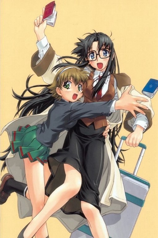 :d arm_up black_hair blazer blue_eyes blush book breast_press breasts brown_hair glasses green_eyes hairband hug jpeg_artifacts leg_up legs long_hair luggage messy_hair multiple_girls necktie open_clothes open_mouth pleated_skirt read_or_die school_uniform shoes short_hair skirt smile socks suitcase sumiregawa_nenene trenchcoat very_long_hair vest yomiko_readman young
