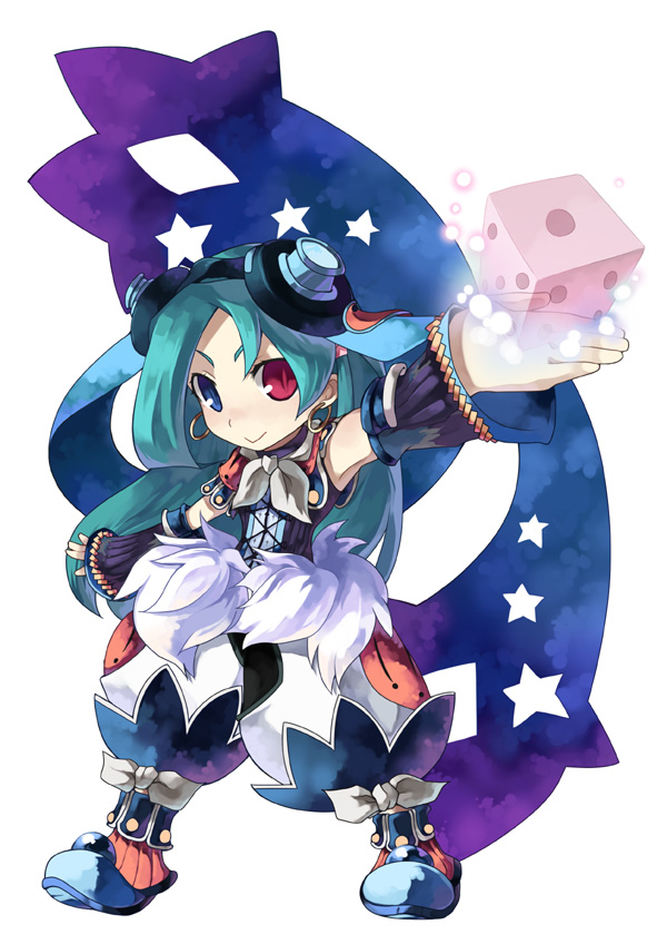 blue_hair chibi detached_sleeves dice earrings heterochromia jewelry kgr latale long_hair sd