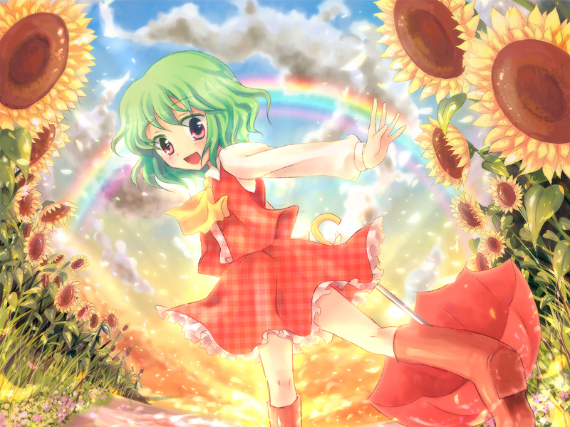 800x600 ascot boots fisheye flower from_behind green_hair happy kazami_yuuka looking_back oimo open_mouth petals pink_eyes plaid plaid_skirt plaid_vest rainbow skirt skirt_set sky smile sunflower tartan touhou umbrella unmoving_pattern young