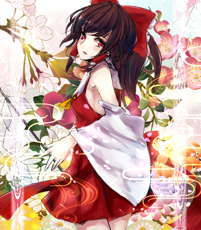 1girl bare_shoulders bow breasts brown_hair detached_sleeves dress flower gohei hair_bow hair_tubes hakurei_reimu looking_at_viewer open_mouth red_dress red_eyes sideboob solo takane_soprano touhou turning wide_sleeves