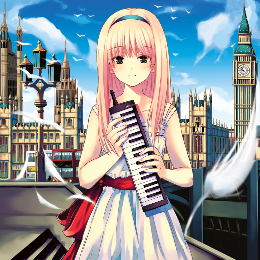 big_ben bird birds blonde_hair building buildings clock clock_tower feathers green_eyes hairband instrument instruments keyboard_(instrument) kitagawa_unagi long_hair melodica tower westminster_palace