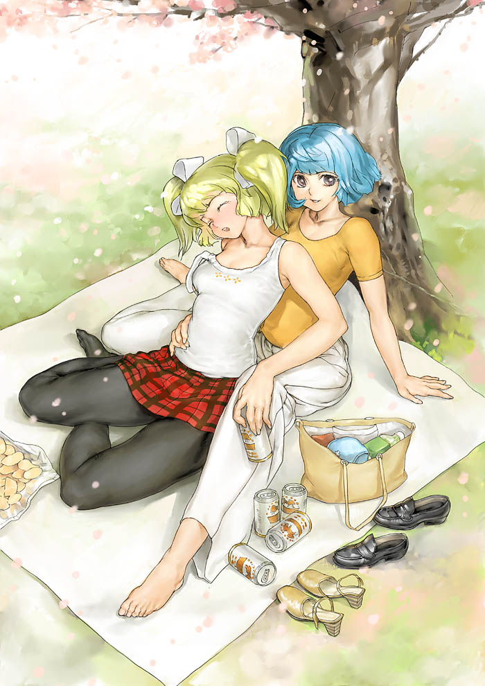 barefoot beer blonde_hair blue_hair camisole can drunk fashion feet garex multiple_girls off_shoulder pantyhose picnic short_hair sleepy tree trees twintails