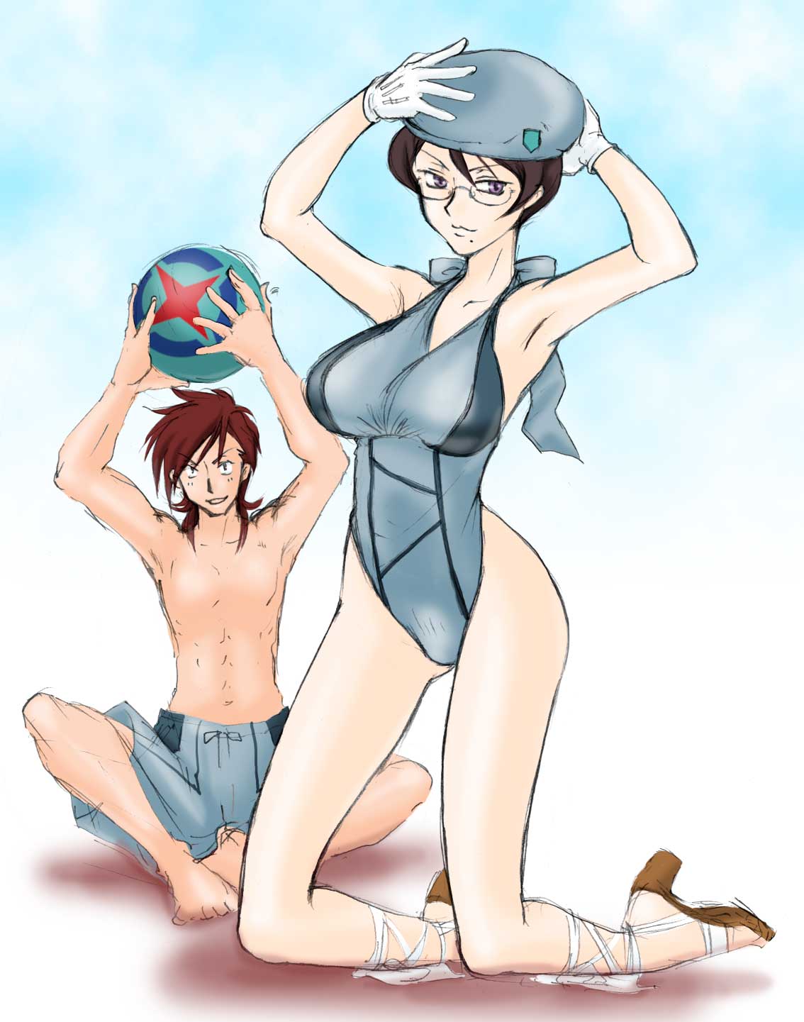 beachball bricola brown_hair glasses gloves gundam gundam_00 hat highres kati_mannequin one-piece one-piece_swimsuit patrick_colasour purple_eyes short_hair swimsuit violet_eyes