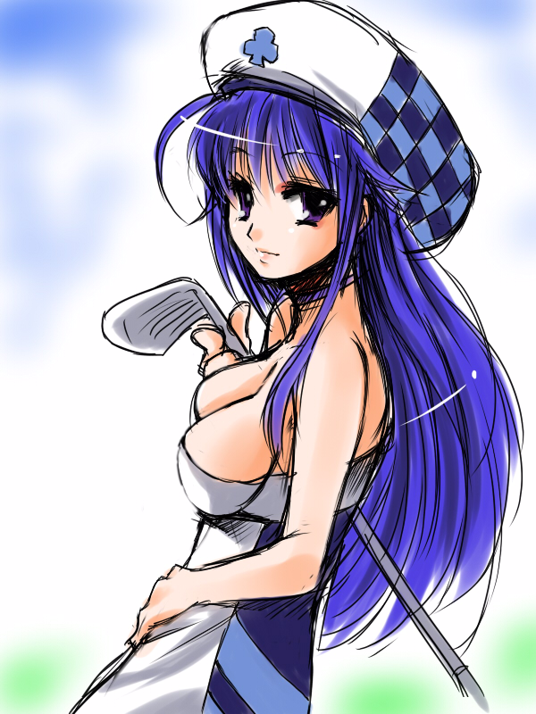 atoshi bad_id beret blue_hair checkered golf golf_club hat long_hair pangya purple_eyes violet_eyes