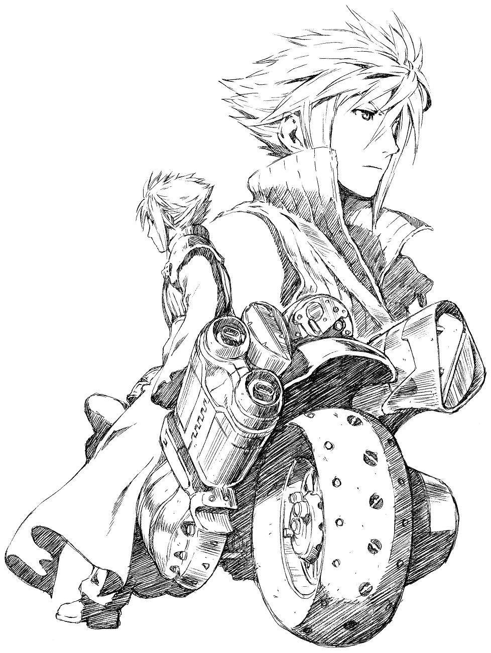 cloud_strife fenrir_(vehicle) final_fantasy final_fantasy_vii final_fantasy_vii_advent_children highres male male_only monochrome motor_vehicle motorcycle solo vehicle yug