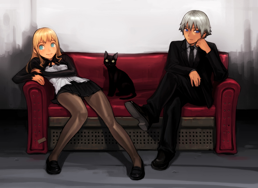 blonde_hair cat couch crossed_legs formal long_hair male pantyhose reclining shiobara_shinichi shiohara_shin'ichi shiohara_shinichi sitting smile sofa suit suits