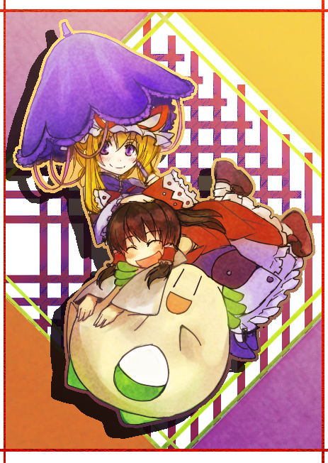 alternate_color bad_id blonde_hair border brown_hair chansey closed_eyes crossover hakurei_reimu japanese_clothes kusanagi_kaoru miko multiple_girls nintendo pokemon pokemon_(game) pokemon_rgby purple_eyes ribbon shiny shiny_pokemon smile touhou umbrella yakumo_yukari