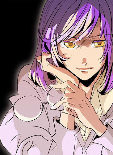 androgynous bad_id glasses gundam gundam_00 himuka_roko lowres male purple_hair roko_(artist) solo tieria_erde trap yellow_eyes