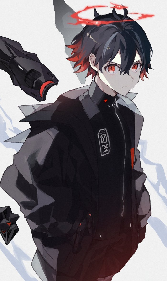 1boy black_hair black_jacket closed_mouth detached_wings hair_between_eyes halo hands_in_pockets hinayuri jacket looking_at_viewer male_focus mechanical_wings multicolored_hair open_clothes open_jacket original red_eyes redhead solo turtleneck wings zipper zipper_pull_tab