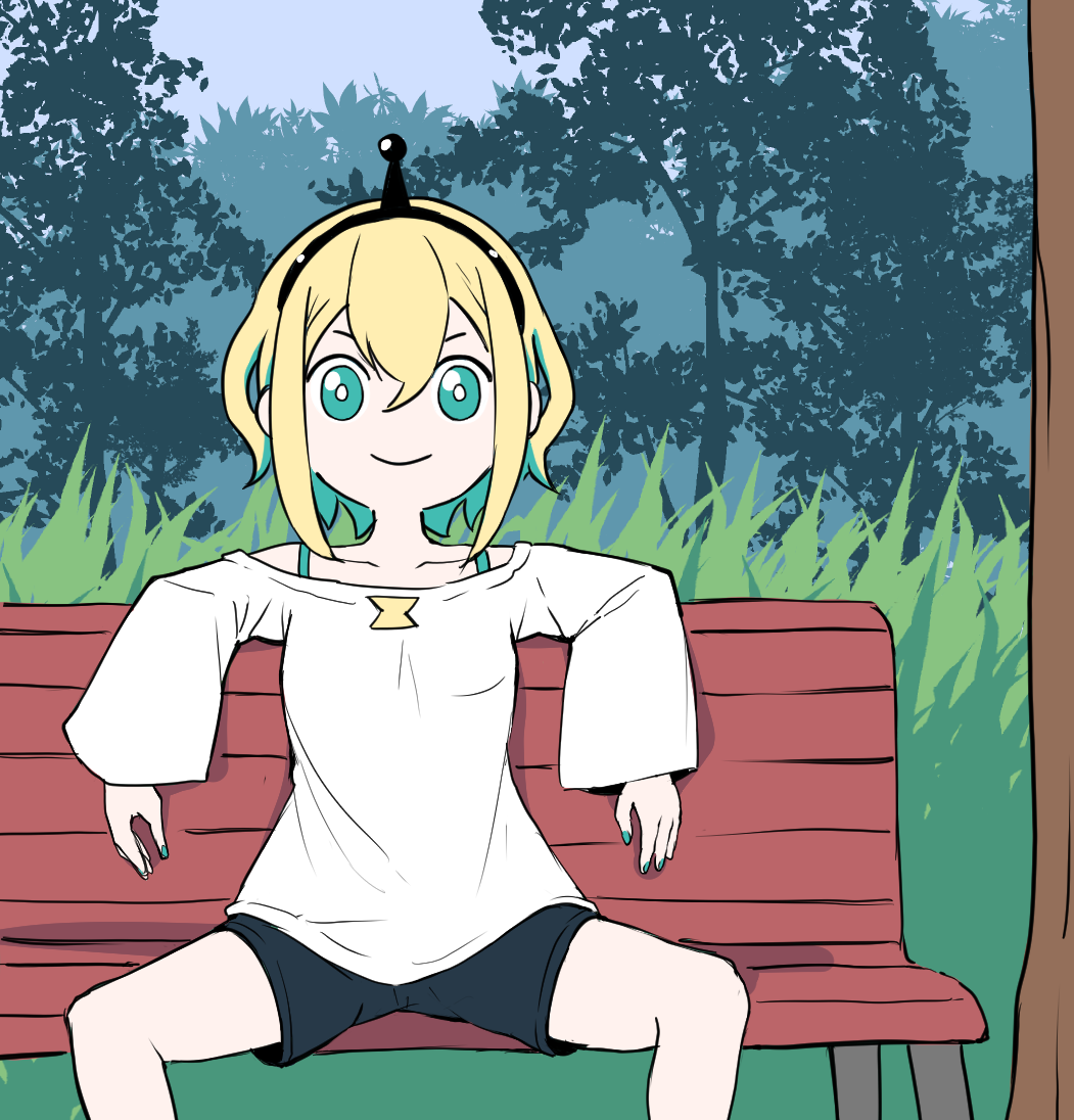 1girl amano_pikamee bare_shoulders bench black_hairband black_shorts blonde_hair bright_pupils collarbone commentary cowboy_shot derivative_work drawfag english_commentary flat_color grass green_hair green_nails hairband meme multicolored_hair off-shoulder_shirt off_shoulder outdoors outstretched_arms park parody shirt shorts sitting sky smile solo sonic_the_hedgehog spread_arms spread_legs tree two-tone_hair virtual_youtuber voms white_pupils white_shirt