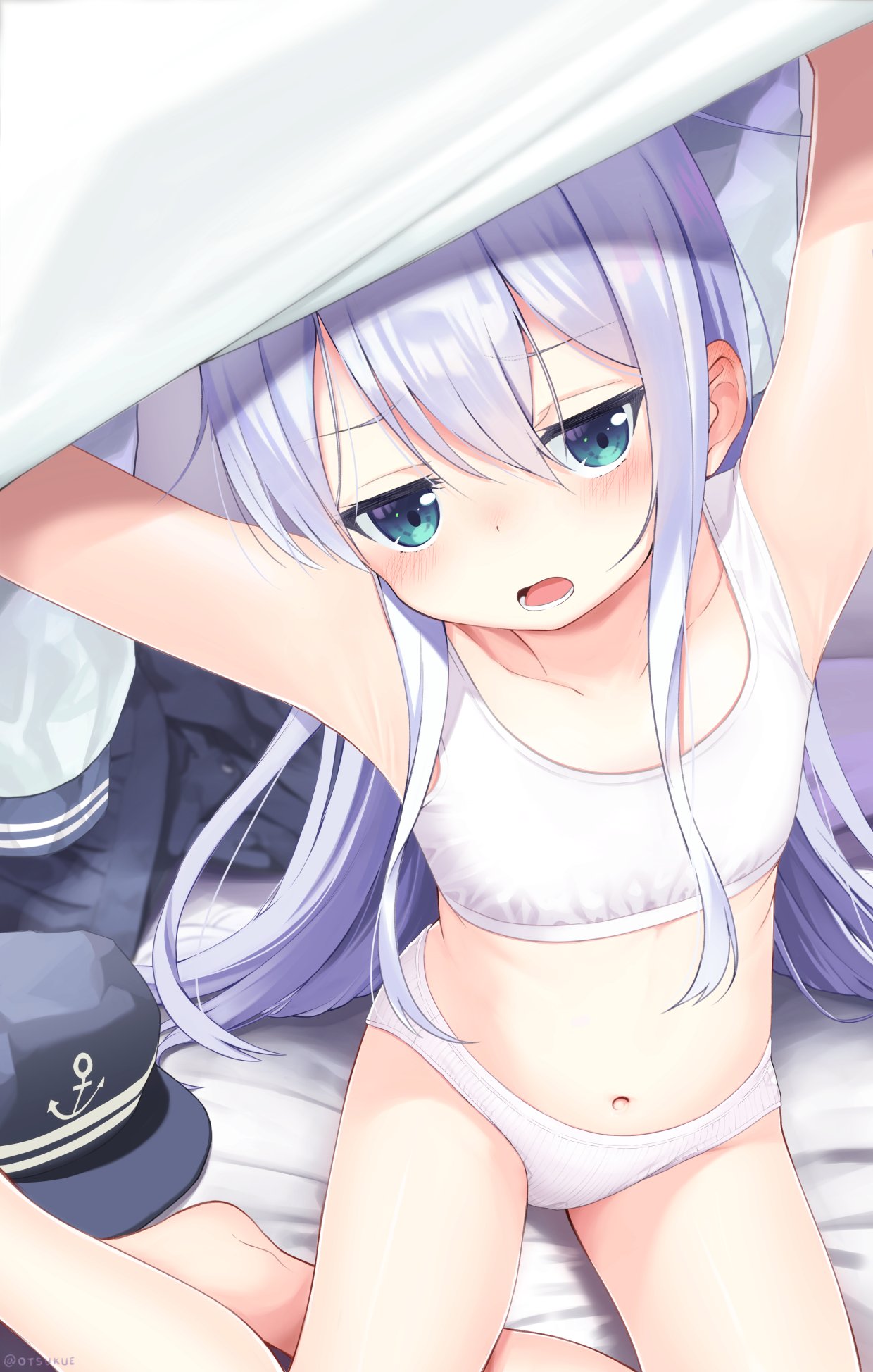 1girl anchor_symbol bed_sheet black_headwear black_skirt blue_eyes blush collarbone dx_(dekusu) eyebrows_visible_through_hair flat_cap hair_between_eyes hat hat_removed headwear_removed hibiki_(kantai_collection) highres kantai_collection long_hair navel open_mouth panties pleated_skirt silver_hair skirt skirt_removed solo twitter_username underwear undressing white_panties