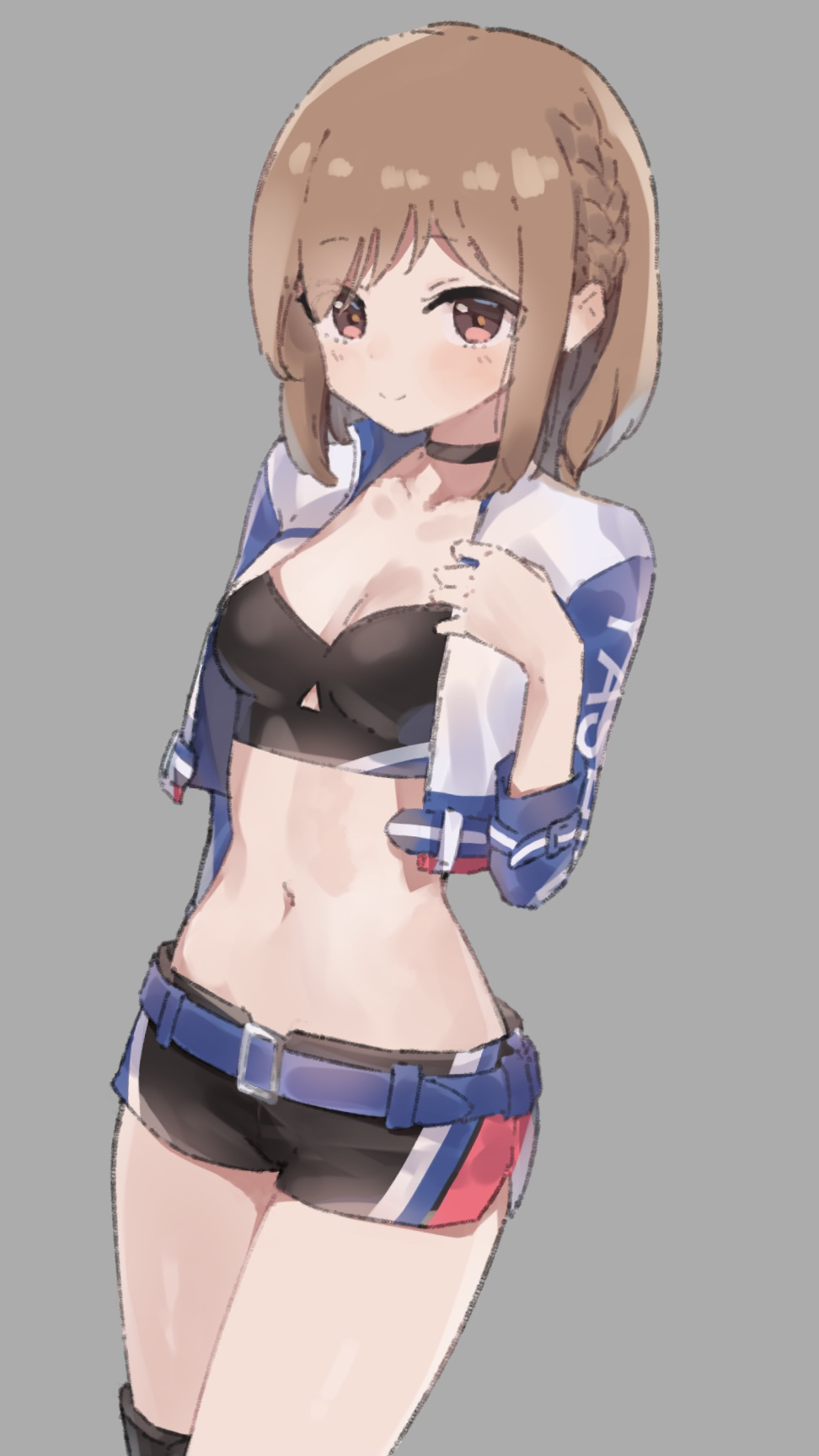 1girl alice_gear_aegis belt black_choker black_shirt black_shorts braid breasts brown_hair choker collarbone cowboy_shot crop_top cropped_jacket epi_zero grey_background highres jacket long_sleeves looking_at_viewer medium_breasts midriff navel open_clothes open_jacket racequeen red_eyes shirt short_hair short_shorts shorts sidelocks simple_background smile solo standing stomach sutegoro_shiina thighs white_jacket
