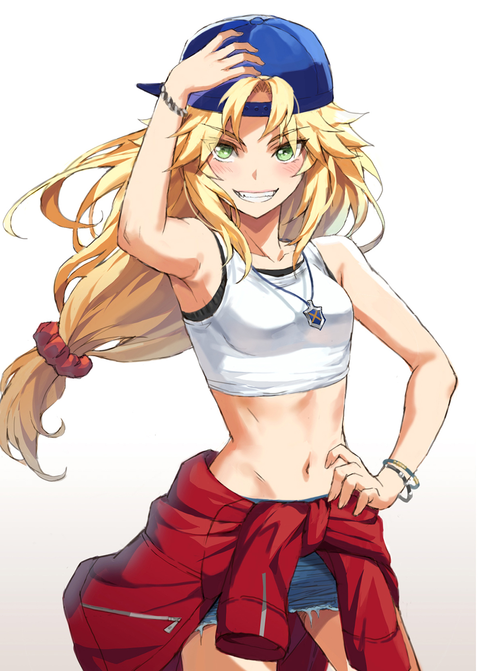 1girl :d alternate_costume alternate_hairstyle arm_up armpits backwards_hat bangs baseball_cap blonde_hair blue_headwear blue_skirt blush bracelet breasts casual clothes_around_waist collarbone commentary_request cowboy_shot crop_top denim denim_skirt eyebrows_visible_through_hair fate/grand_order fate_(series) green_eyes grin hand_on_headwear hand_on_hip hat highres jacket jacket_around_waist jewelry long_hair looking_at_viewer miniskirt mordred_(fate) mordred_(fate)_(all) navel necklace open_mouth parted_bangs red_jacket simple_background skirt sleeveless small_breasts smile solo stomach tank_top teeth tonee v-shaped_eyebrows white_background
