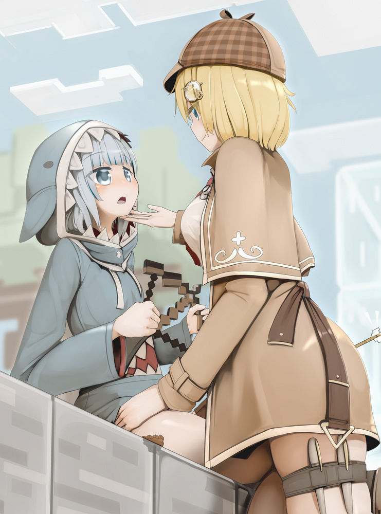 2girls animal_costume animal_hood arrow_(projectile) bangs blonde_hair blue_eyes blue_hair blue_hoodie blunt_bangs blush bow_(weapon) breasts brown_coat capelet closed_mouth coat commentary_request gawr_gura genek hand_on_another's_face hand_on_another's_thigh hololive hololive_english hood hoodie looking_at_another medium_breasts minecraft multiple_girls open_mouth shark_costume shark_hood sharp_teeth short_hair sitting small_breasts smile standing teeth virtual_youtuber watson_amelia weapon yuri
