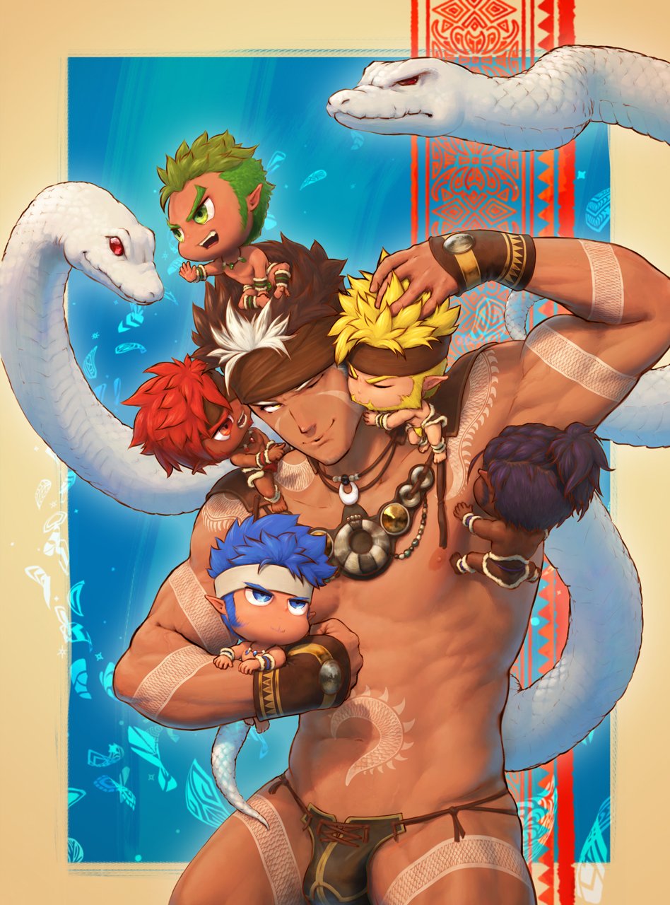 6+boys abs bara bare_chest black_tribe blue_tribe briefs brown_hair bulge cheek_kiss chest chibi dark_skin dark_skinned_male facial_hair green_tribe headband highres kiss kurosabi male_focus multicolored_hair multiple_boys muscle navel nipples pointy_ears red_tribe revealing_clothes short_hair sideburns smelling snake spiky_hair stubble tangaroa tattoo thick_thighs thighs tokyo_houkago_summoners tooth_necklace tribal tribal_tattoo two-tone_hair underwear white_hair white_snake yellow_eyes yellow_tribe