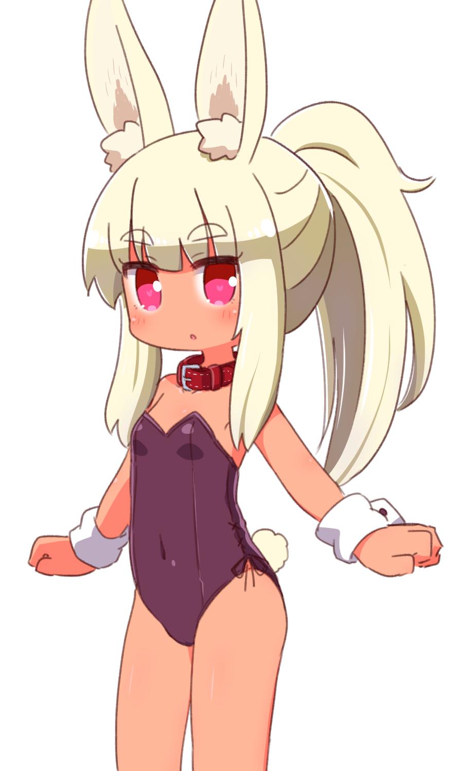 1girl :o animal_ear_fluff animal_ears bangs bare_shoulders blonde_hair blush breasts collar commentary_request covered_navel dark_skin eyebrows_visible_through_hair heart heart-shaped_pupils highres leotard long_hair looking_at_viewer masurao_(sekaiju) naga_u parted_lips pink_eyes ponytail purple_leotard rabbit_ears red_collar sekaiju_no_meikyuu sekaiju_no_meikyuu_5 sidelocks simple_background small_breasts solo standing strapless strapless_leotard symbol-shaped_pupils thick_eyebrows very_long_hair white_background wrist_cuffs