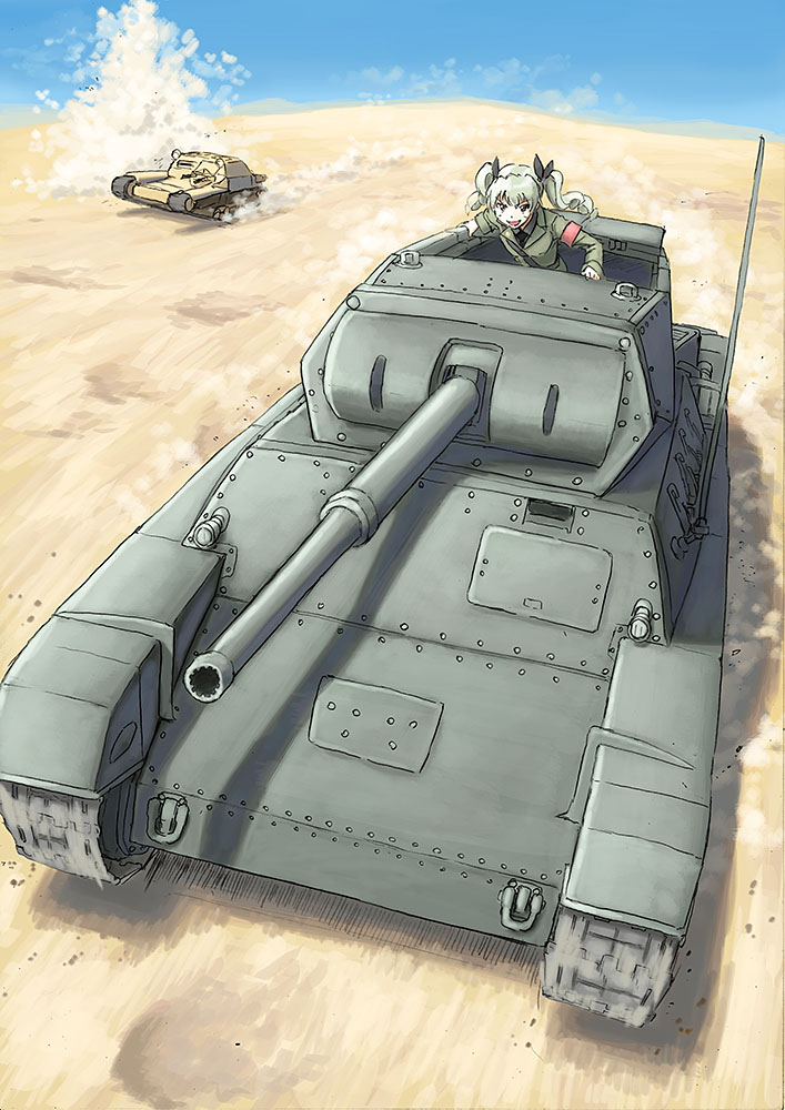 1girl anchovy_(girls_und_panzer) anzio_military_uniform black_ribbon breasts carro_armato_p40 carro_veloce_cv-33 caterpillar_tracks clouds commentary_request day desert drill_hair dust_cloud girls_und_panzer green_hair ground_vehicle hair_ribbon military military_vehicle motor_vehicle necktie red_eyes ribbon sky smile tank twin_drills twintails vent_arbre