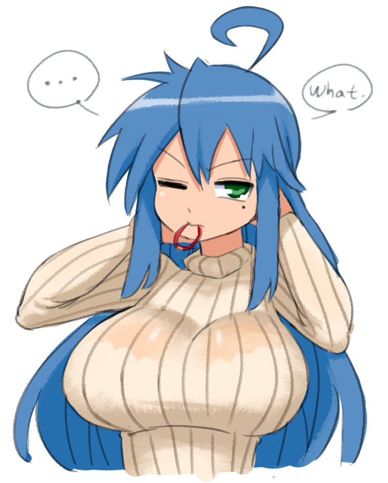 ... 1girl adjusting_hair ahoge alternate_costume arms_up blue_hair bra breasts english_text green_eyes hair_tie izumi_konata large_breasts long_hair long_sleeves lucky_star minus8 mole mole_under_eye mouth_hold one_eye_closed ribbed_sweater see-through simple_background solo speech_bubble spoken_ellipsis sweater underwear upper_body white_background white_bra