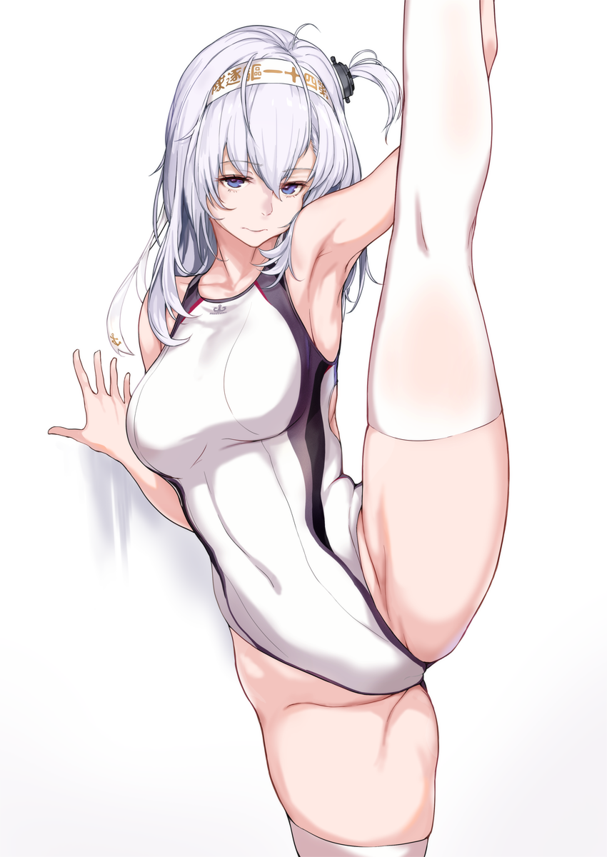 1girl armpits bangs blue_eyes blush breasts clothes_writing competition_swimsuit covered_navel cowboy_shot eyebrows_visible_through_hair flexible groin hachimaki hair_between_eyes headband highleg highleg_swimsuit highres kantai_collection leg_lift leg_up long_hair looking_at_viewer medium_breasts one-piece_swimsuit one_side_up osterei silver_hair smile solo split standing standing_on_one_leg standing_split suzutsuki_(kantai_collection) swimsuit thigh-highs thighs