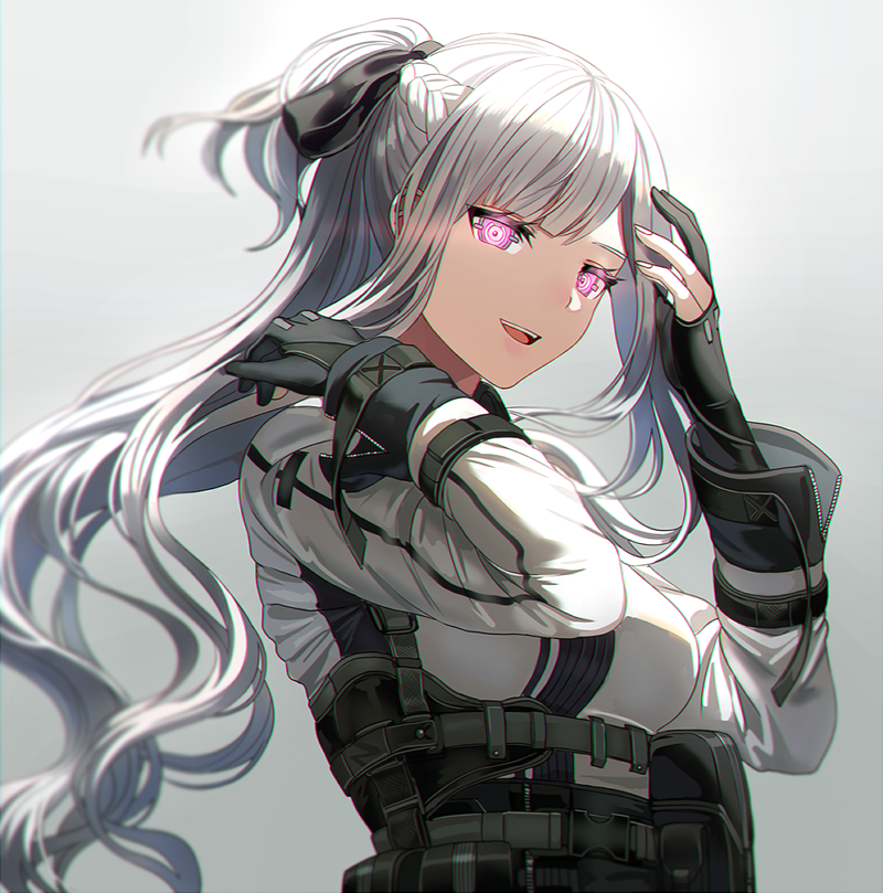 1girl ak-12_(girls_frontline) bangs black_ribbon blush braid breasts closed_eyes french_braid girls_frontline gloves hands_up jacket large_breasts long_hair long_sleeves looking_at_viewer partially_fingerless_gloves ribbon sidelocks silence_girl silver_hair smile solo strap unzipped very_long_hair violet_eyes