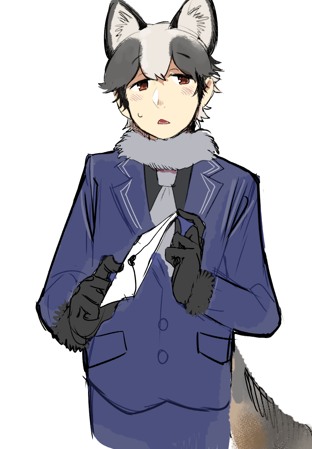 1boy animal_ears black_gloves black_hair blue_jacket brown_eyes cowboy_shot cropped_legs extra_ears fang formal fox_boy fox_ears fox_tail fur-trimmed_sleeves fur_collar fur_trim genderswap genderswap_(ftm) gloves grey_hair highres holding holding_letter igarashi_(nogiheta) jacket kemono_friends letter long_sleeves looking_at_viewer male_focus multicolored_hair necktie open_mouth short_hair silver_fox_(kemono_friends) simple_background solo suit suit_jacket tail white_background