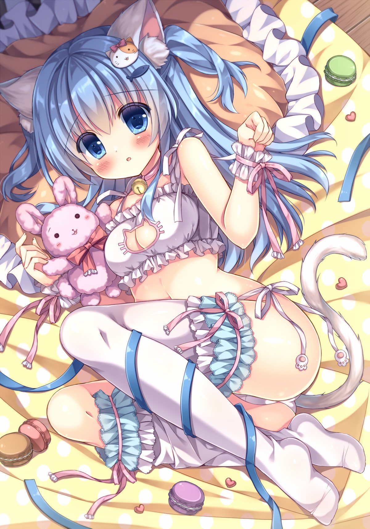 1girl animal_ear_fluff animal_ears bed bell bell_choker blue_eyes blue_hair blush breasts cat_ears cat_hair_ornament cat_lingerie cat_tail choker cleavage_cutout clothing_cutout eyebrows_visible_through_hair fish_hair_ornament folded_leg food full_body hair_ornament hairclip highres kouta. long_hair lying macaron meme_attire on_bed on_side original panties parted_lips paw_pose pillow polka_dot ribbon scrunchie side-tie_panties small_breasts solo stuffed_animal stuffed_bunny stuffed_toy tail thigh-highs thigh_scrunchie thighhighs_pull two_side_up underwear white_legwear white_panties wrist_scrunchie