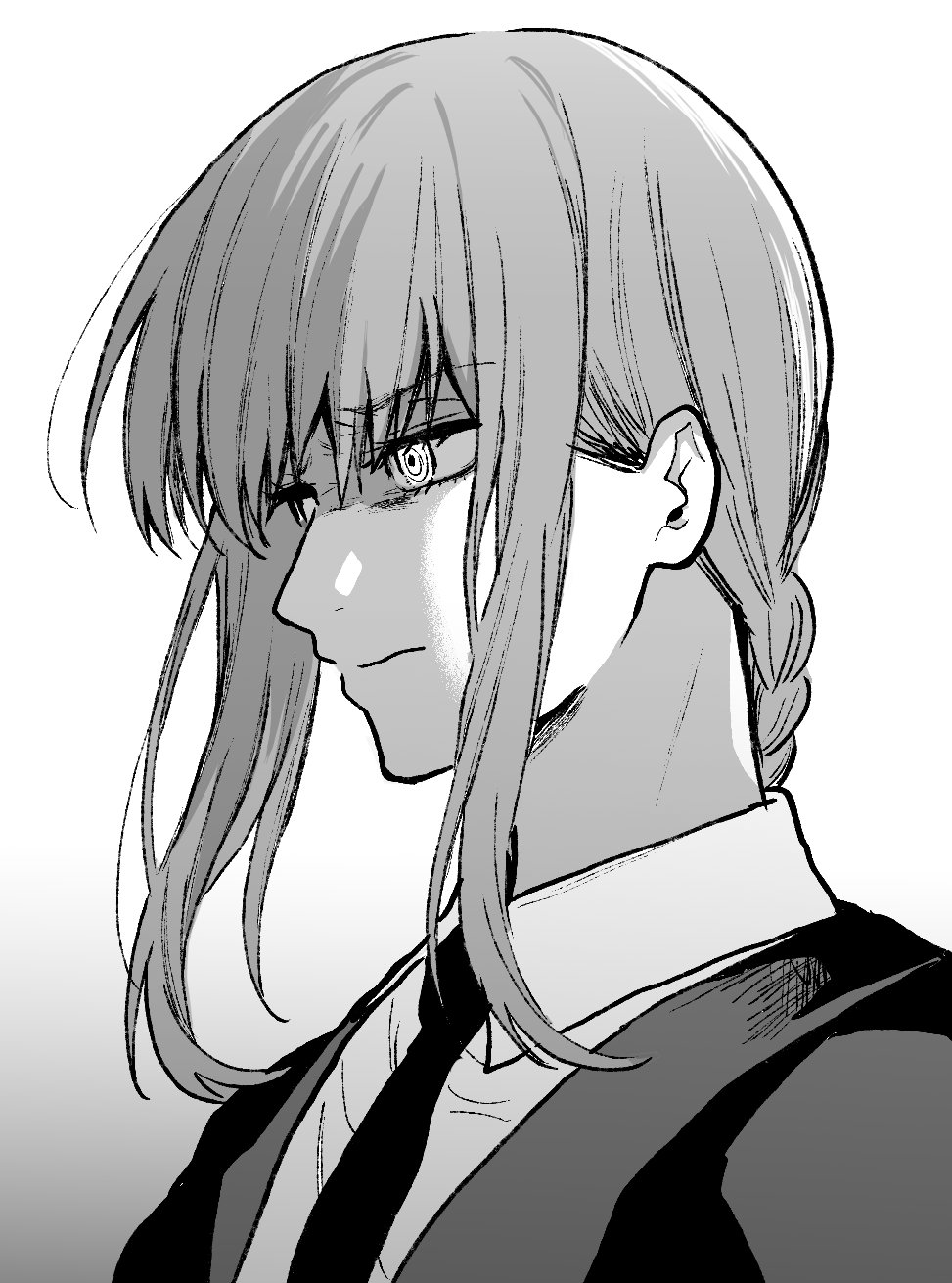 1girl bangs black_jacket black_neckwear braid braided_ponytail breasts business_suit chainsaw_man collared_shirt eyebrows eyebrows_visible_through_hair eyes formal frown greyscale highres jacket kogureya7 long_sleeves looking_to_the_side makima_(chainsaw_man) medium_breasts medium_hair monochrome necktie neckwear ringed_eyes shirt simple_background solo suit upper_body