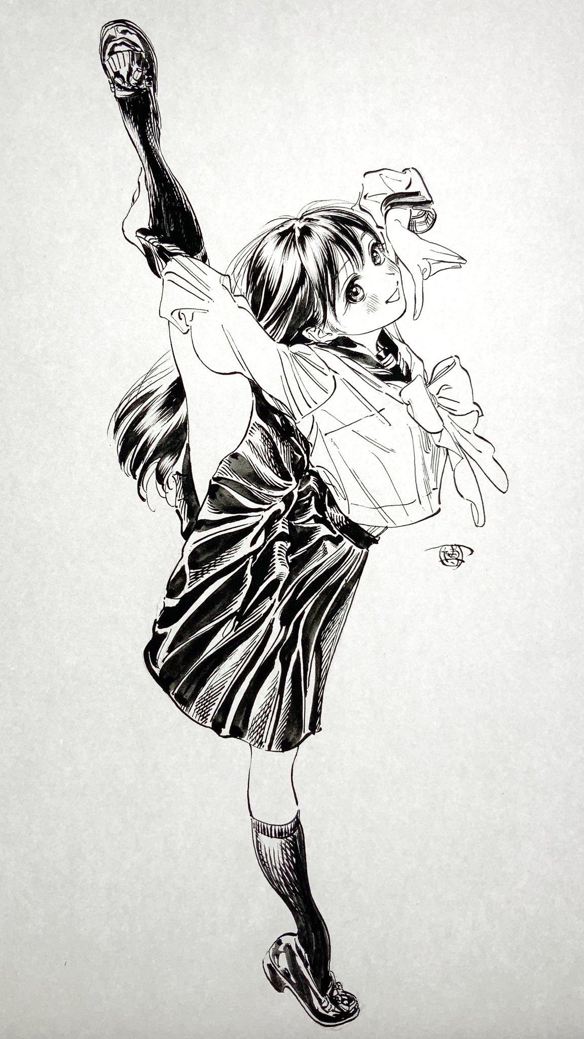 arms_up blush fingernails greyscale hatching_(texture) highres hiro_(dismaless) ink long_hair looking_at_viewer monochrome open_mouth original school_uniform serafuku signature smile socks split standing standing_on_one_leg standing_split traditional_media uniform v