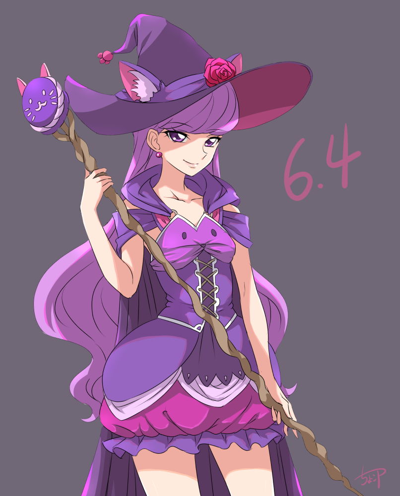 1girl animal_ears bubble_skirt cape cat_ears chocokin closed_mouth collarbone corset cowboy_shot earrings eyebrows_visible_through_hair flower grey_background halloween halloween_costume hat hat_flower holding holding_staff jewelry kirakira_precure_a_la_mode kotozume_yukari long_hair miniskirt precure purple_cape purple_hair purple_headwear purple_skirt red_flower rose simple_background skirt smile solo staff standing straight_hair very_long_hair violet_eyes witch_hat
