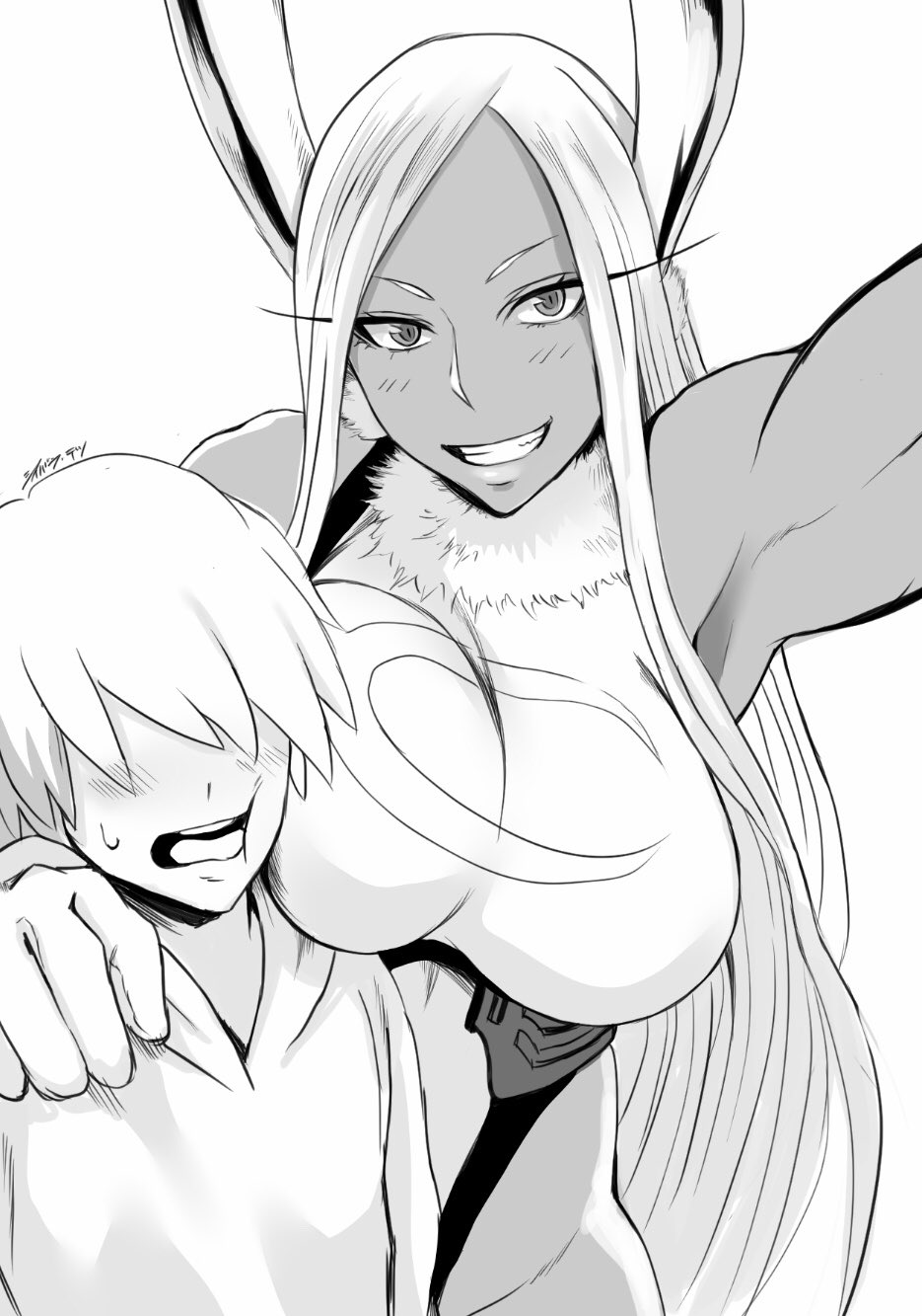 1boy 1girl age_difference animal_ear_fluff animal_ears armpits artist_name bangs blush boku_no_hero_academia breasts commentary_request crescent face_to_breasts faceless faceless_male gloves greyscale grin highleg highleg_leotard highres hip_focus hood hoodie large_breasts leotard long_eyelashes long_hair looking_at_viewer mirko monochrome moon_print muscle muscular_female open_mouth parted_bangs rabbit_ears reflective_eyes shibusun slit_pupils smile sweatdrop taking_picture teeth thighs tongue upper_body wavy_mouth