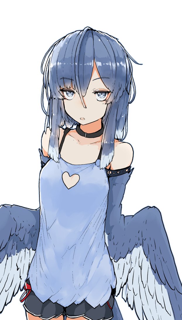 1girl bird_wings blue_feathers blue_hair blue_wings choker cleavage_cutout clothing_cutout feathered_wings feathers grey_eyes harpy heart_cutout monster_girl open_mouth original rnd.jpg short_shorts shorts solo tank_top winged_arms wings