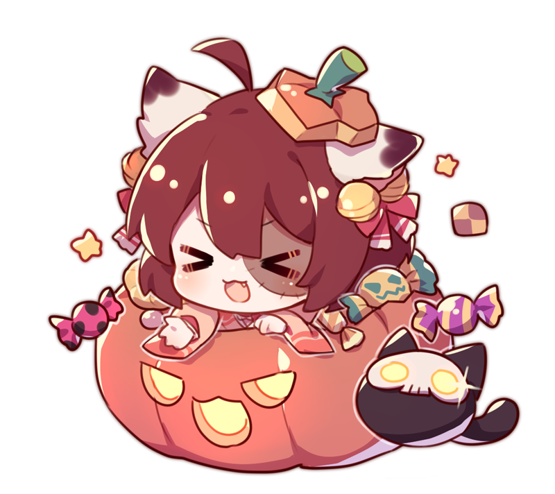 &gt;_&lt; 1girl :d ahoge animal_ear_fluff animal_ears bangs bell bow brown_hair brown_kimono candy_wrapper cat cat_ears checkerboard_cookie chibi closed_eyes cookie eyebrows_visible_through_hair fang flot food hair_bell hair_bow hair_ornament halloween halloween_basket ichihime japanese_clothes jingle_bell kimono long_sleeves mahjong_soul open_mouth red_bow simple_background smile solo star_(symbol) stitches white_background wide_sleeves xd