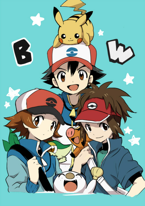 3boys akakokko ash_ketchum bag bangs baseball_cap black_hair blue_jacket brown_eyes commentary_request copyright_name gen_1_pokemon gen_5_pokemon hat jacket long_sleeves looking_at_viewer male_focus multiple_boys nate_(pokemon) on_head open_mouth oshawott pikachu pokemon pokemon_(anime) pokemon_(creature) pokemon_(game) pokemon_bw pokemon_bw2 pokemon_bw_(anime) pokemon_on_head popped_collar short_sleeves shoulder_bag smile snivy star_(symbol) starter_pokemon_trio tepig tongue zipper_pull_tab