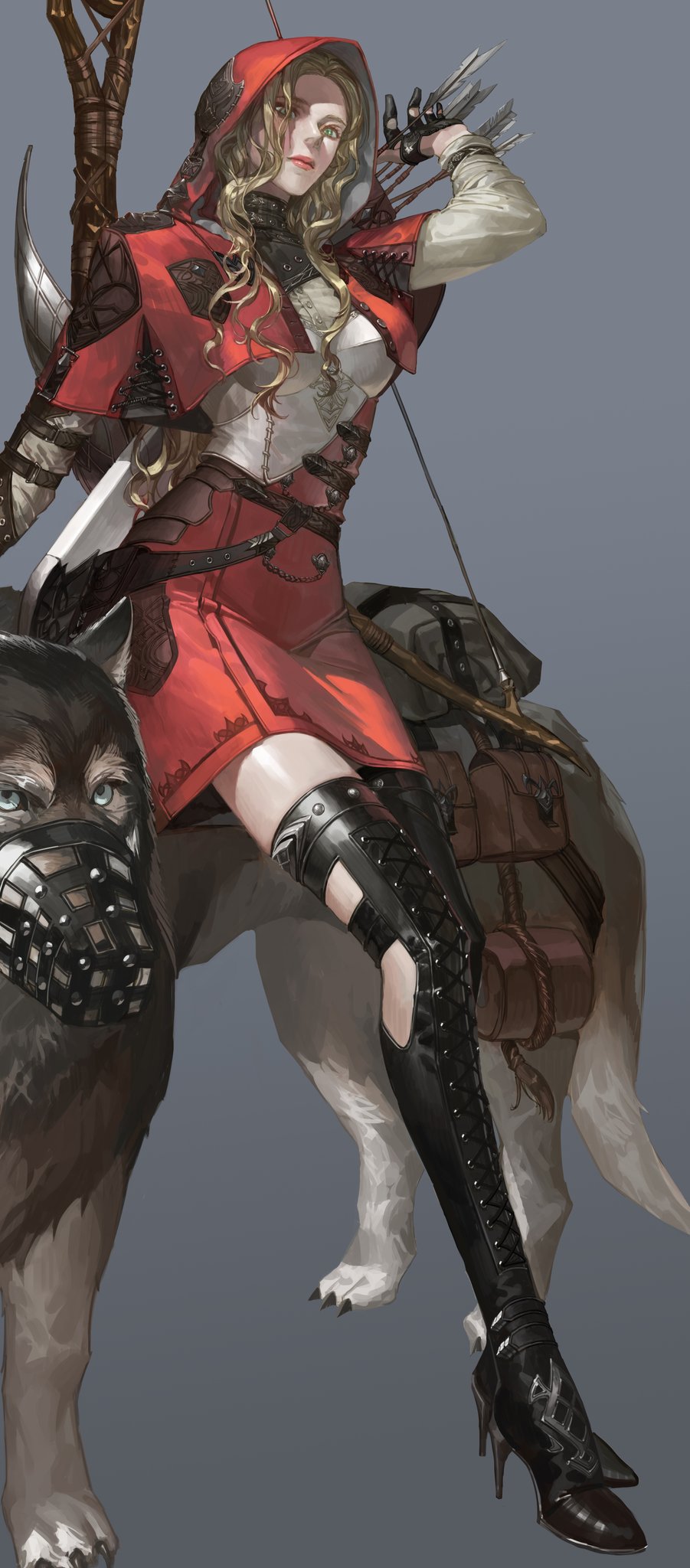 1girl animal arrow_(projectile) bag blonde_hair bow_(weapon) breasts chain drawing12121 gloves green_eyes grey_background high_heels highres long_sleeves looking_at_viewer muzzle original pouch rope simple_background string thigh-highs thighs weapon wolf