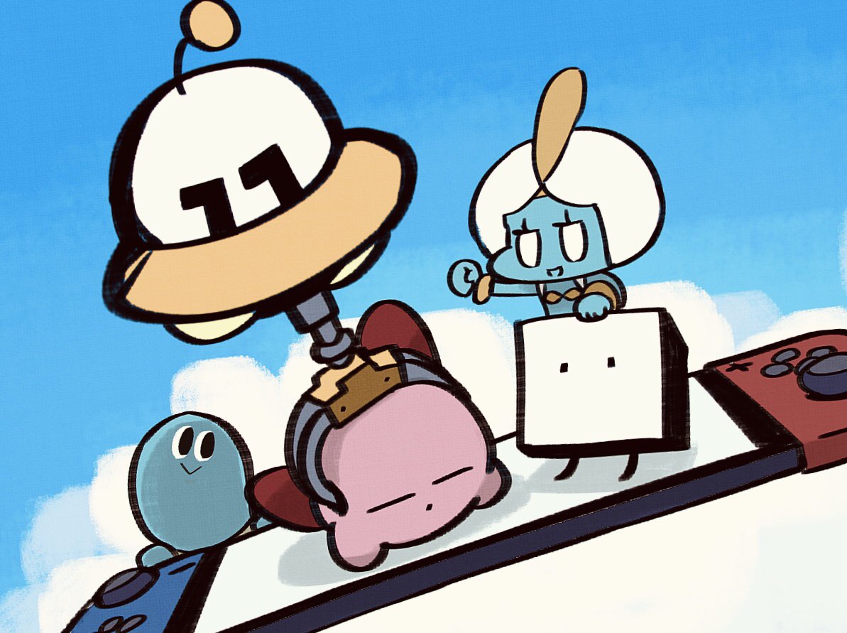 1girl 2boys ankh_(hataraku_ufo) arm_up black_eyes blue_skin blue_sky boxboy! creator_connection feathers hal_laboratory hataraku_ufo hosuu_de_shoubu!!_kame_sanpo jobski kirby kirby_(series) looking_at_another multiple_boys nintendo_switch qbby sky smile suyasuyabi turban turtle ufo urashima_(kame_sanpo)