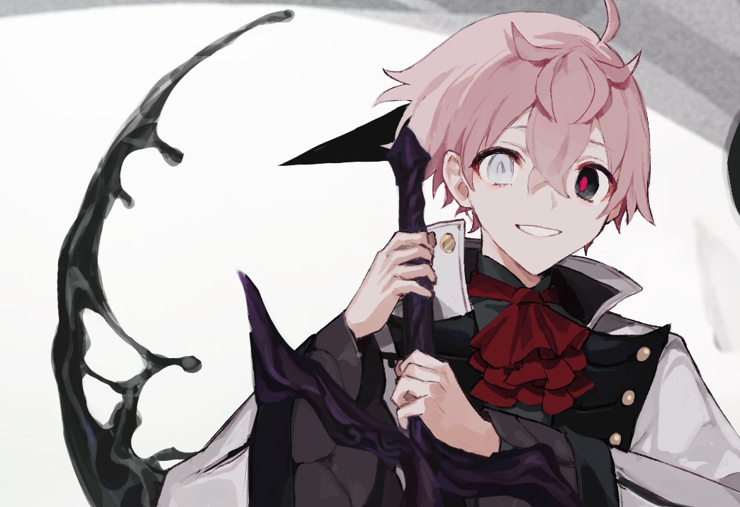 1boy ahoge black_eyes cropped face hair_between_eyes heterochromia hinayuri holding holding_weapon horns liquid male_focus null_(hinayuri) original parted_lips pink_hair red_neckwear red_pupils single_horn smile solo upper_body weapon white_eyes