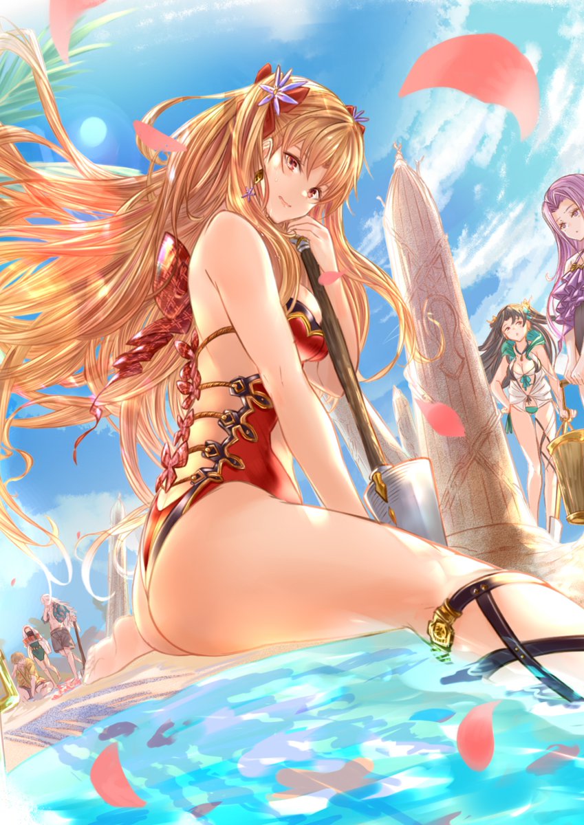 2boys 4girls ass bangs bare_shoulders beach blonde_hair blue_sky blush breasts earrings ereshkigal_(fate/grand_order) fate/grand_order fate/stay_night fate_(series) gilgamesh gilgamesh_(caster)_(fate) highres ishtar_(fate)_(all) ishtar_(fate/grand_order) jewelry long_hair looking_at_viewer medium_breasts merlin_(fate) multiple_boys multiple_girls one-piece_swimsuit parted_bangs petals red_swimsuit rider siduri_(fate/grand_order) sky smile swimsuit thighs two_side_up very_long_hair water yatsuka_(846)