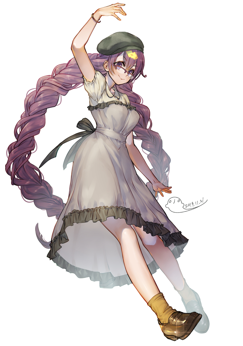 1girl arm_up bracelet braid breasts brown_footwear brown_legwear dated full_body glasses jewelry large_breasts loafers long_hair ojo_aa over-rim_eyewear purple_hair red-framed_eyewear semi-rimless_eyewear shoes short_sleeves sinoalice socks solo twin_braids very_long_hair violet_eyes