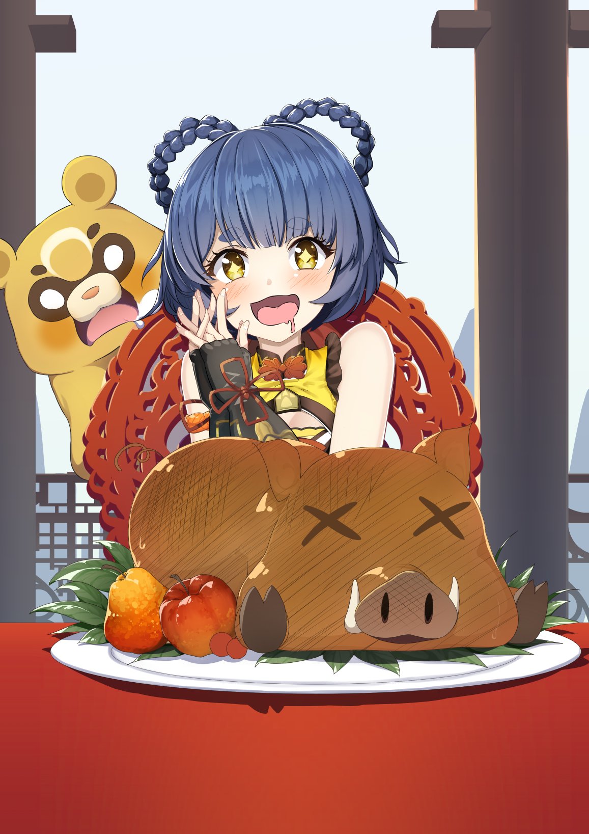 1girl 2sinsalt apple blue_hair blush braid chair china_dress chinese_clothes dress drooling eyebrows_visible_through_hair fingerless_gloves food fruit genshin_impact gloves gouba_(genshin_impact) highres open_mouth panda pear pig plate short_eyebrows smile sparkling_eyes table thick_eyebrows twin_braids x_x xiangling_(genshin_impact)