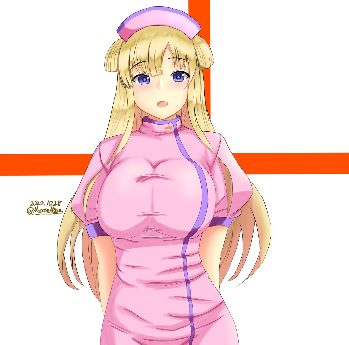 1girl alternate_costume arms_behind_back blonde_hair blue_eyes breasts cowboy_shot dated double_bun dress fletcher_(kantai_collection) hat kantai_collection large_breasts long_hair looking_at_viewer low_ponytail montemasa nurse nurse_cap open_mouth pink_dress side_slit smile solo twitter_username two-tone_background white_background