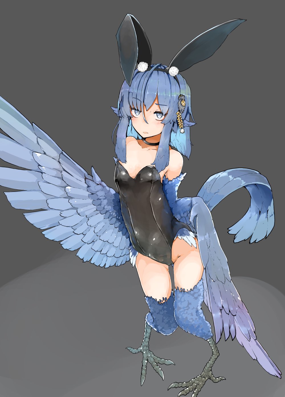 1girl animal_ears bare_shoulders bird_ears bird_legs bird_tail bird_wings blue_feathers blue_hair blue_wings blush choker digitigrade eyebrows_visible_through_hair fake_animal_ears feathered_wings feathers grey_eyes harpy head_feathers highres leotard monster_girl open_mouth original rabbit_ears raised_eyebrow rnd.jpg solo talons winged_arms wings