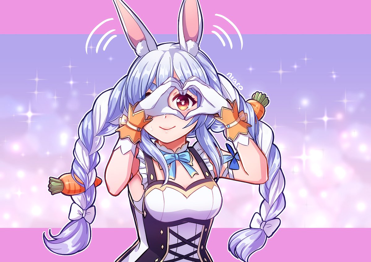 animal_ears bare_arms blue_hair braid bunny-shaped_pupils carrot_hair_ornament closed_mouth cross-laced_clothes eyebrows food_themed_hair_ornament frilled_straps gloves gradient_eyes hair_ornament heart heart_hands hikimayu hololive idol idol_clothes long_hair multicolored multicolored_eyes multicolored_hair niaro nonstop_story orange_eyes rabbit_ears rabbit_girl signature smile sweatdrop twin_braids twintails two-tone_hair usada_pekora v-shaped_eyebrows virtual_youtuber white_gloves white_hair yellow_eyes