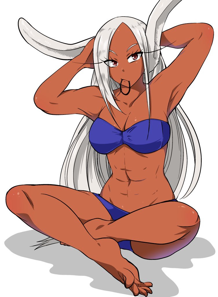 1girl abs adjusting_hair animal_ears arms_up bangs bare_arms bare_legs bikini blue_bikini boku_no_hero_academia commentary_request dark_skin eyelashes indian_style long_hair looking_at_viewer mirko mouth_hold muscle muscular_female nstime23 off-shoulder_swimsuit parted_bangs rabbit_ears red_eyes shadow simple_background sitting soles solo swimsuit white_background white_hair