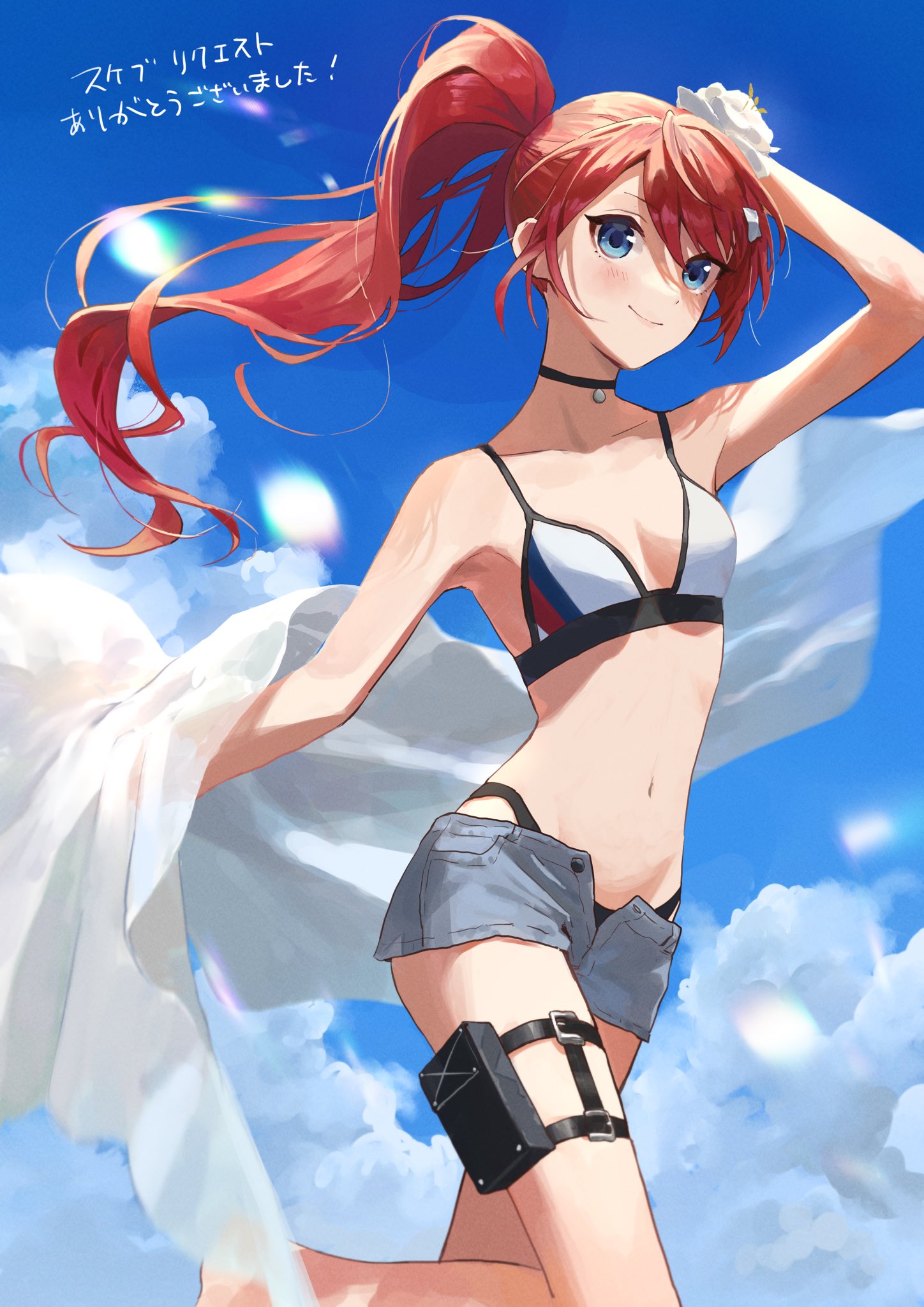1girl bikini bikini_top blue_eyes border_break commission highres long_hair looking_at_viewer pote-mm redhead running short_shorts shorts side_ponytail skeb_commission sky smile solo swimsuit thigh_strap