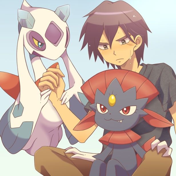 1boy bangs black_shirt blush brown_pants closed_mouth commentary_request cyaneko froslass gen_4_pokemon hair_between_eyes looking_down male_focus on_lap pants paul_(pokemon) pokemon pokemon_(anime) pokemon_(creature) pokemon_dppt_(anime) pokemon_on_lap shirt short_sleeves sweat t-shirt weavile