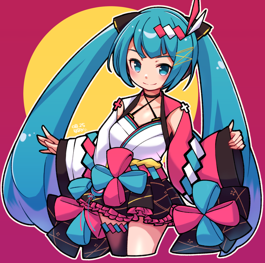 1girl artist_name bangs black_legwear black_skirt blue_bow blue_eyes blue_hair blunt_bangs blush bow breasts closed_mouth commentary cropped_legs dated detached_sleeves disconnected_mouth english_commentary eyebrows_visible_through_hair frilled_skirt frills hair_ornament hatsune_miku japanese_clothes kimono legs_together long_hair looking_at_viewer miniskirt obi outline outstretched_arms pink_bow print_skirt sash shide signature simple_background single_thighhigh skirt smile solo thigh-highs twintails umenodo very_long_hair vocaloid waist_bow white_outline wide_sleeves