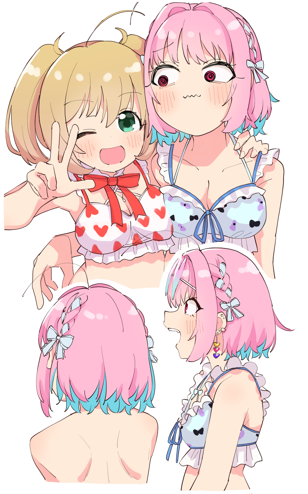 2girls @_@ bikini blonde_hair blush closed_mouth collarbone earrings eyebrows_visible_through_hair green_eyes hair_intakes hand_on_another's_shoulder heart heart_earrings highres idolmaster idolmaster_cinderella_girls idolmaster_cinderella_girls_starlight_stage jewelry kamo_(kamonabe_44) looking_at_another looking_at_viewer multiple_girls one_eye_closed open_mouth pink_eyes pink_hair satou_shin short_hair short_twintails smile swimsuit twintails upper_teeth v wavy_mouth yumemi_riamu