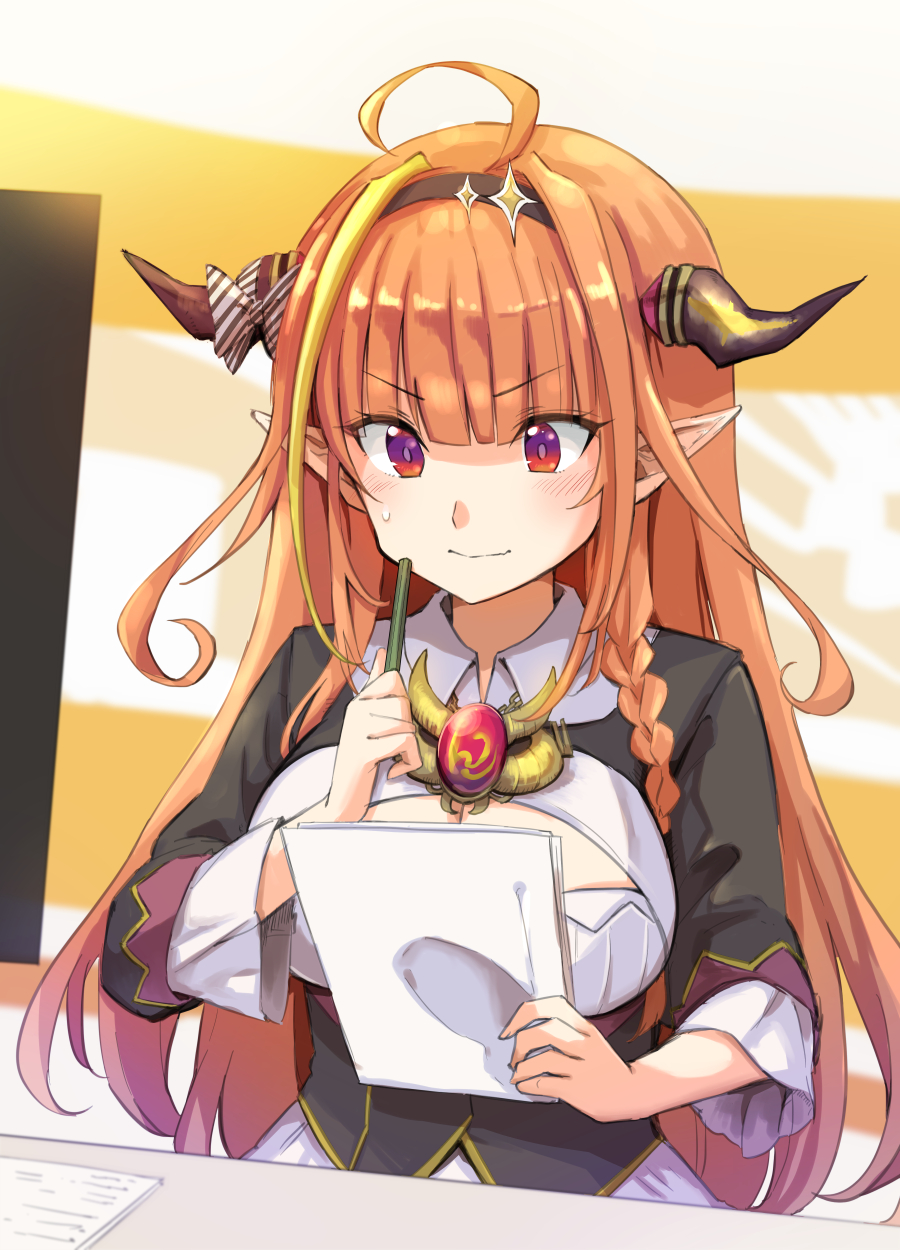 1girl ahoge black_jacket blonde_hair blush bow braid breasts brooch closed_mouth collared_shirt commentary desk diagonal-striped_bow dragon_horns eyebrows_visible_through_hair hairband highres holding holding_paper holding_pencil hololive horn_bow horns jacket jewelry kiryuu_coco long_hair looking_down medium_breasts multicolored_hair orange_hair paper pencil pointy_ears red_eyes shirt side_braid sitting solo streaked_hair summer_tail720 sweatdrop two-tone_hair upper_body virtual_youtuber white_shirt wing_collar